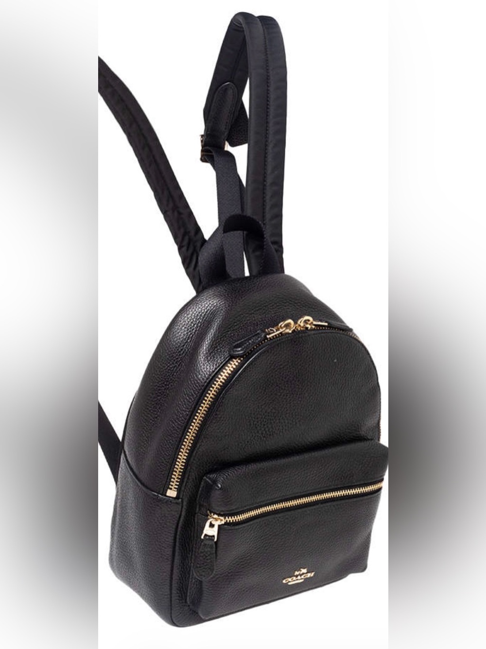 Coach Mini Charlie Backpack in Black Pebbled Leather and Gold Hardware